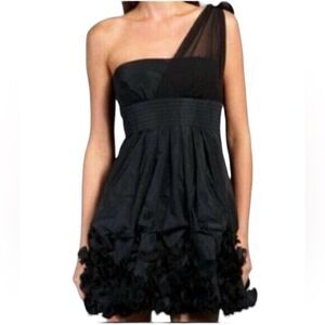 BCBGMAXAZRIA Black One Shoulder Mini Cocktail Dress with appliqué flowers - 0